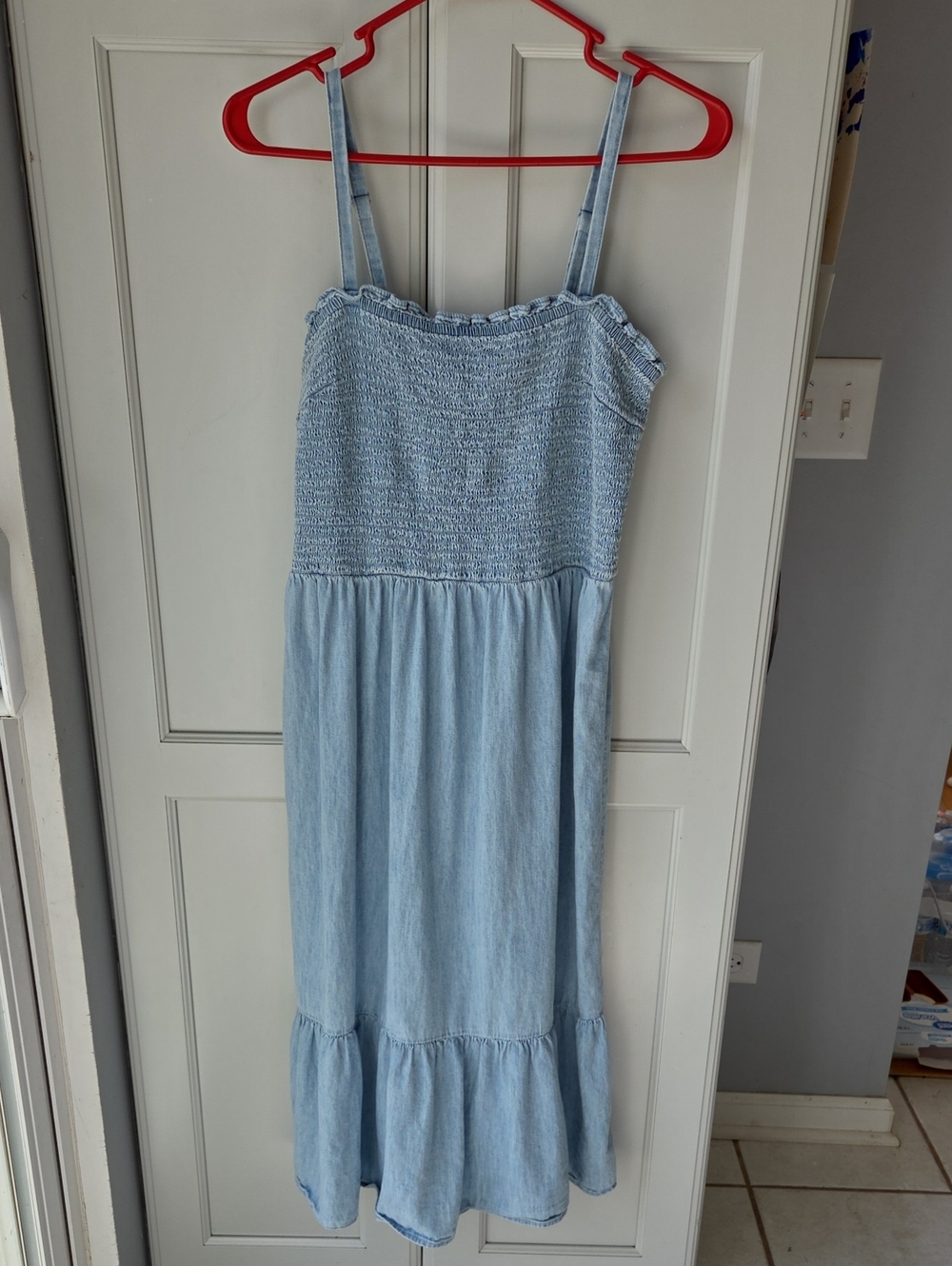 Chambray Smocked Midi Dress with Ruffle Hem